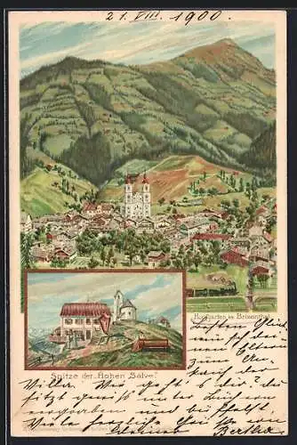 Lithographie Hopfgarten / Brixenthal, Spitze der Hohen Salve mit Gasthaus, Ortsansicht
