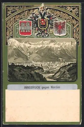 Lithographie Innsbruck, Gesamtansicht mit Alpen, Wappen