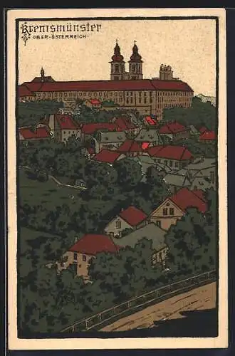 Steindruck-AK Kremsmünster /Ober-Österreich, Ortsansicht mit dem Klosterstift