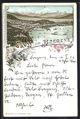 Künstler-AK Bregenz, Totalansicht am See