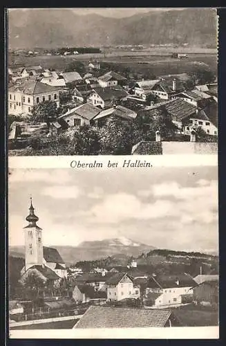 AK Oberalm bei Hallein, Teilansicht vom Berg aus, die Kirche gegen die Berge