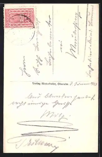 AK Oberalm bei Hallein, Teilansicht vom Berg aus, die Kirche gegen die Berge