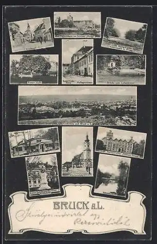 AK Bruck a. L., Restaurant Milchhalle, Kirchenplatz, Brücke zum Liebestempel, Kirchengasse
