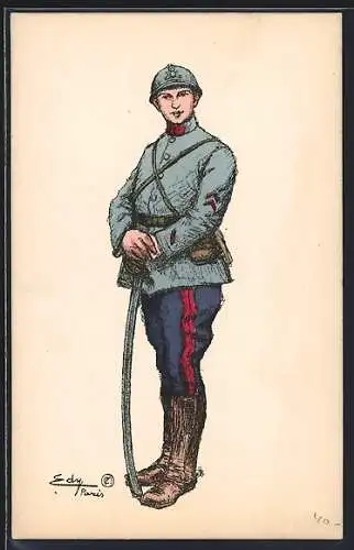 Künstler-AK Französischer Soldat in Uniform mit Säbel