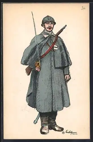 Künstler-AK Uniformierter Französischer Soldat mit Säbel und Gewehr