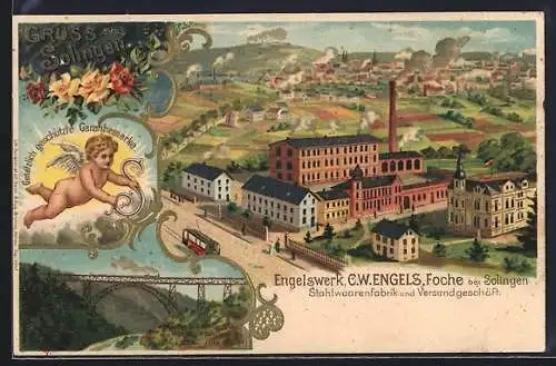 Lithographie Foche bei Solingen, Engelswerk C. W. Engels Stahlwarenfabrik & Versandgeschäft, Kaiser Wilhelm Brücke