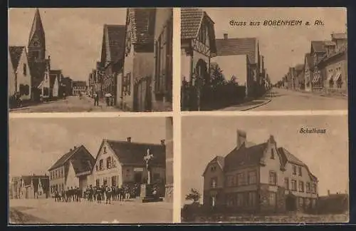 AK Bobenheim a. Rh., Gasthaus mit Jesuskreuz, Schulhaus, Strassenpartie