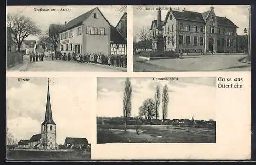 AK Ottenheim, Gasthaus zum Anker, Schulhaus mit Denkmal, Kirche