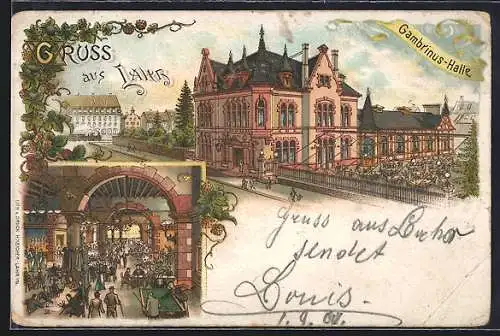 Lithographie Lahr /Schwarzwald, Gasthaus Gambrinushalle von der Strasse gesehen