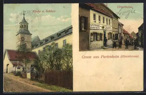 AK Partenheim / Rheinhessen, Kirche & Schloss, Ortsstrasse