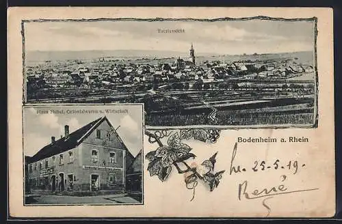 AK Bodenheim / Rhein, Haus Hubel, Colonialwaren & Wirtschaft, Totalansicht
