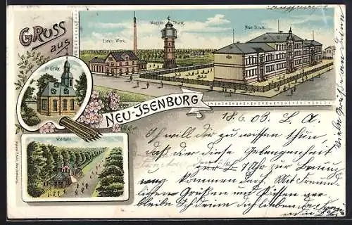 Lithographie Neu-Isenburg, Elektr. Werk, Wasserturm, Neue Schule, Kirche, Waldbahn
