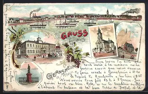 Lithographie Gernsheim a. / Rhein, Teilansicht, Stadthaus, ev. Kirche, kath. Kirche