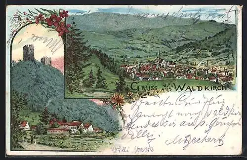 Lithographie Waldkirch / Elztal, Totalansicht, Teilansicht mit Burg