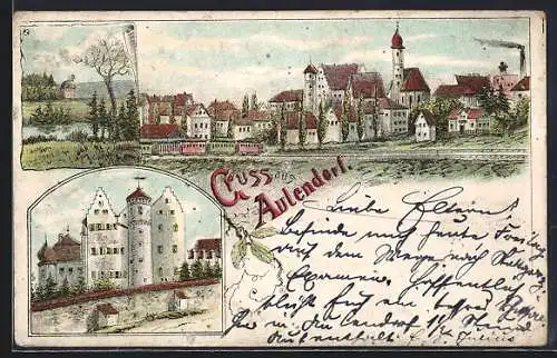 Lithographie Aulendorf, Schloss, Blick zum Ort, Eisenbahn