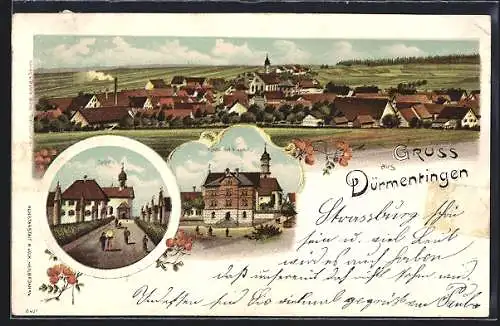 Lithographie Dürmentingen, Teilansicht, Kapelle, Kirche mit Pfarrhof