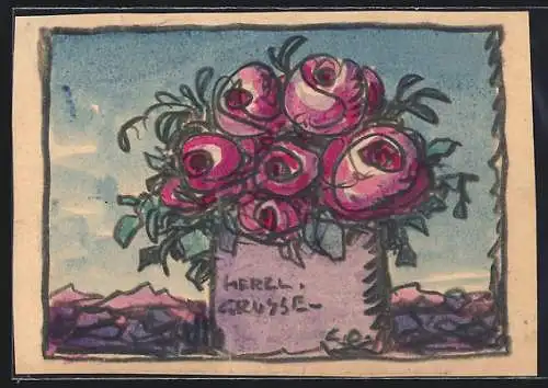 Künstler-AK Handgemalt sign. Carl O. Arends: Rote Rosen in einer Vase