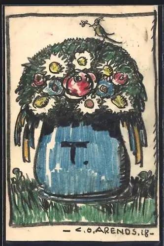 Künstler-AK Handgemalt sign. Carl O. Arends: Bunter Blumenstrauss in blauer Vase