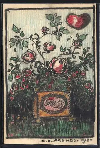 Künstler-AK Handgemalt sign. Carl O. Arends: Gruss mit Rosenstrauch und Herz