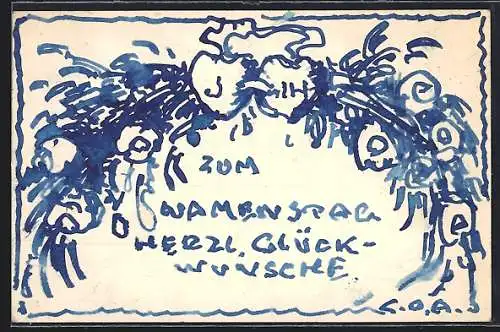 Künstler-AK Handgemalt sign. Carl O. Arends: Glückwünsche zum Namenstag mit Blumengebinde