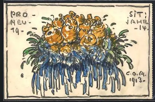 Künstler-AK Handgemalt sign. Carl O. Arends: Neujahrsgruss 1913 /1914 mit prächtigem gelbem Rosenstrauss