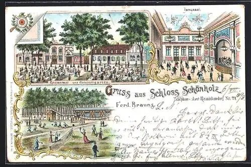 Lithographie Berlin-Pankow, Gasthof Schloss Schönholz, Tanzsaal, Sportplatz