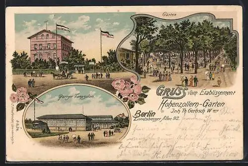 Lithographie Berlin-Friedrichshain, Restaurant Hohenzollern-Garten, Inh. Th. Gerbsch, Landsberger Allee 92, Tanzsalon