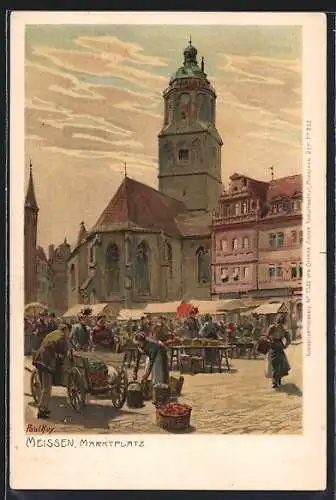 Künstler-Lithographie P. Hey: Meissen / Elbe, Marktplatz mit geschäftigem Treiben
