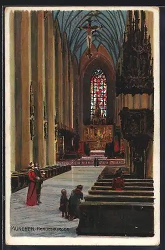 Künstler-Lithographie Paul Hey unsign.: München, Innenansicht der Frauenkirche