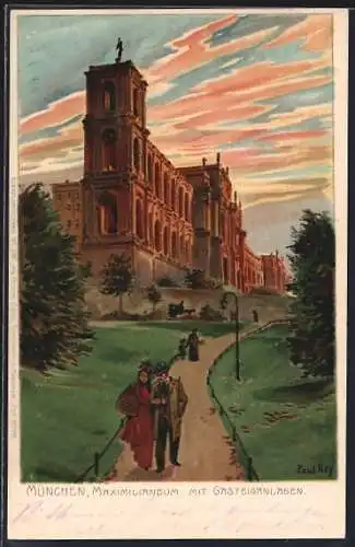 Künstler-Lithographie Paul Hey: München, Maximilianeum mit Gasteiganlagen