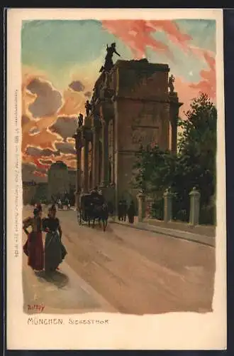 Künstler-Lithographie Paul Hey: München, Abendstimmung am Siegesthor