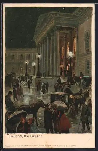 Künstler-Lithographie Paul Hey: München, Vor dem Hoftheater an einem regnerischen Abend