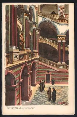 Künstler-Lithographie Paul Hey: München, Justizpalast, Innenansicht
