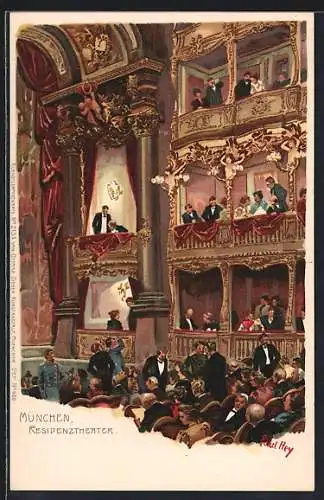 Künstler-Lithographie Paul Hey: München, Innenansicht des Residenztheaters