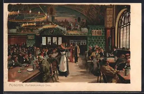 Künstler-Lithographie P. Hey: München, Gäste trinken Bier im Hofbräuhaussaal
