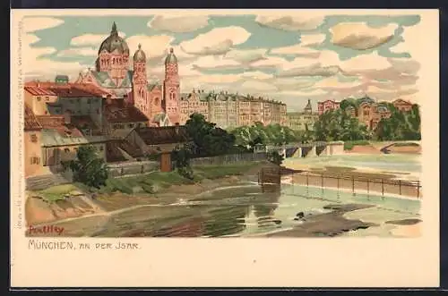 Künstler-Lithographie P. Hey: München, Partie an der Isar