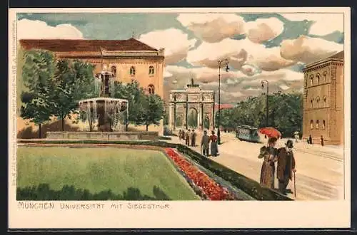 Künstler-Lithographie Paul Hey: München, Universität am Siegestor