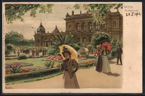 Künstler-Lithographie P. Hey: Wien, Kursalon mit Spaziergängern