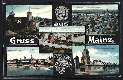 AK Mainz, Rheinansicht mit Stathalle u. Dom, Kaiserbrücke, Strassenbrücke