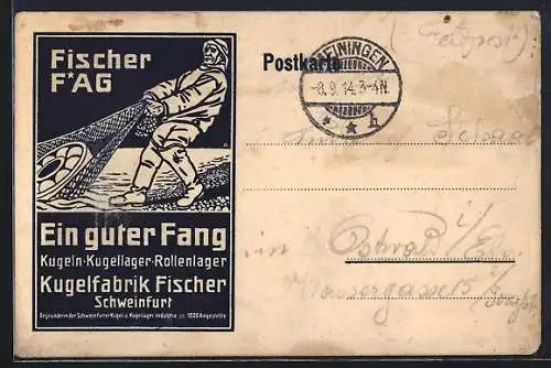 AK Schweinfurt, Kugelfabrik Fischer, Mann zieht Netz mit Kugellager an Land