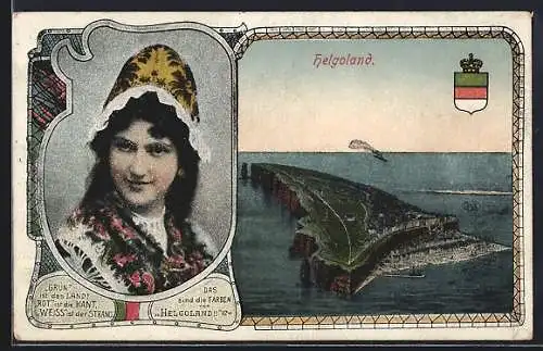 AK Helgoland, Blick zur Insel, Frau in Tracht, Wappen