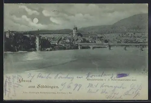 Mondschein-AK Säkkingen, Ortsansicht mit Flusspartie und Brücke