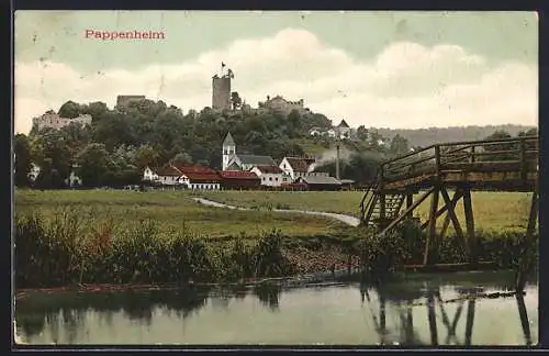AK Pappenheim / Bayern, Ortsansicht mit Flusspartie und Holzbrücke