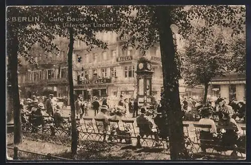 AK Berlin, Unter den Linden, Hotel Bauer, Wettersäule, Damen mit Hut