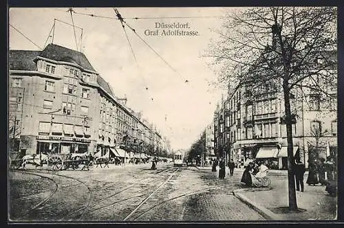 AK Düsseldorf, Blick in die Karl Adolfstrasse, Café Corso, Strassenbahn