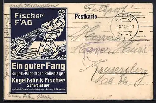 AK Schweinfurt, Karte der Kugelfabrik Fischer, Fischer der ein Kugellager im Netz ans Land zieht