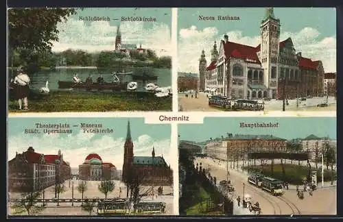 AK Chemnitz, Neues Rathaus, Theaterplatz, Museum, Städt. Opernhaus und Petrikirche u. Hauptbahnhof mit Strassenbahn