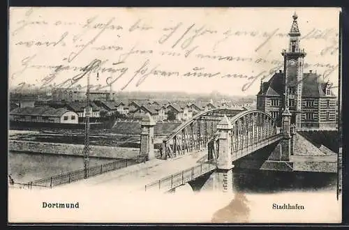 AK Dortmund, Hafenblick auf die Stadt mit Brücke