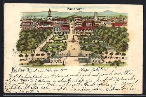 Lithographie Karlsruhe, Blick vom Schlossturm Richtung Süden