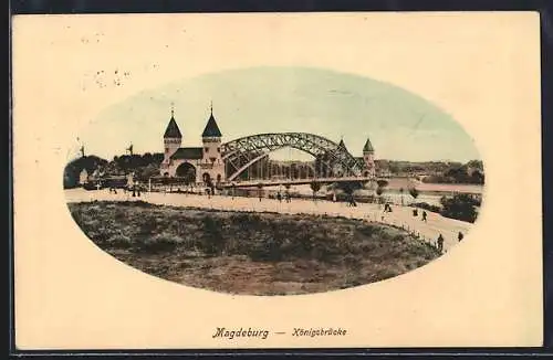 AK Magdeburg, Blick auf die Königsbrücke mit Passanten